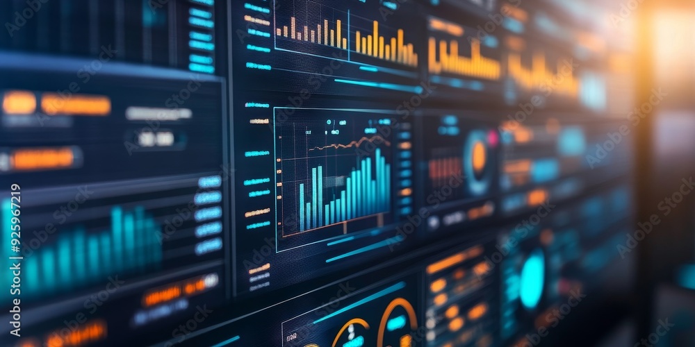 Poster close-up of a high-tech financial dashboard on a computer screen, featuring real-time data and analy