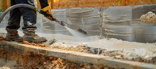 Builder Applying High Density Spray Foam Insulation to New Home Foundation - Construction Process in Detail