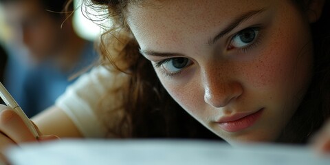 Macro shot of a student taking notes during a lecture, with a focus on their attentive expression and academic materials