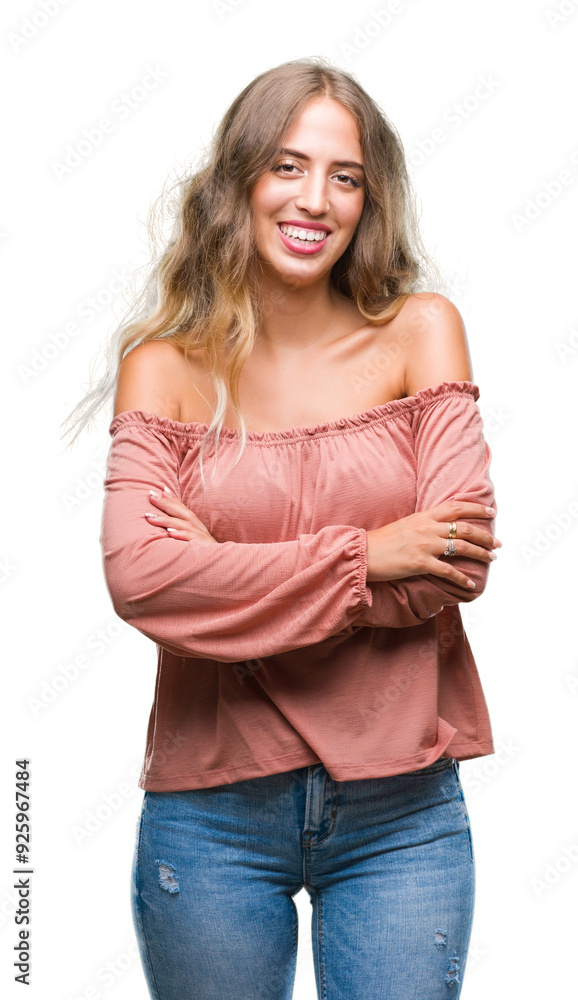 Sticker Beautiful young blonde woman over isolated background happy face smiling with crossed arms looking at the camera. Positive person.