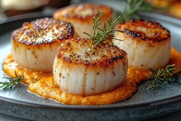 Spend With Pennies Taming twins Eating for mental health Improver Scalloped tray Plant-based meat TasteAtlas NotCo Cuyna Cozymeal Plated scallops light sauce and garnish, close-up on a blurred fine d