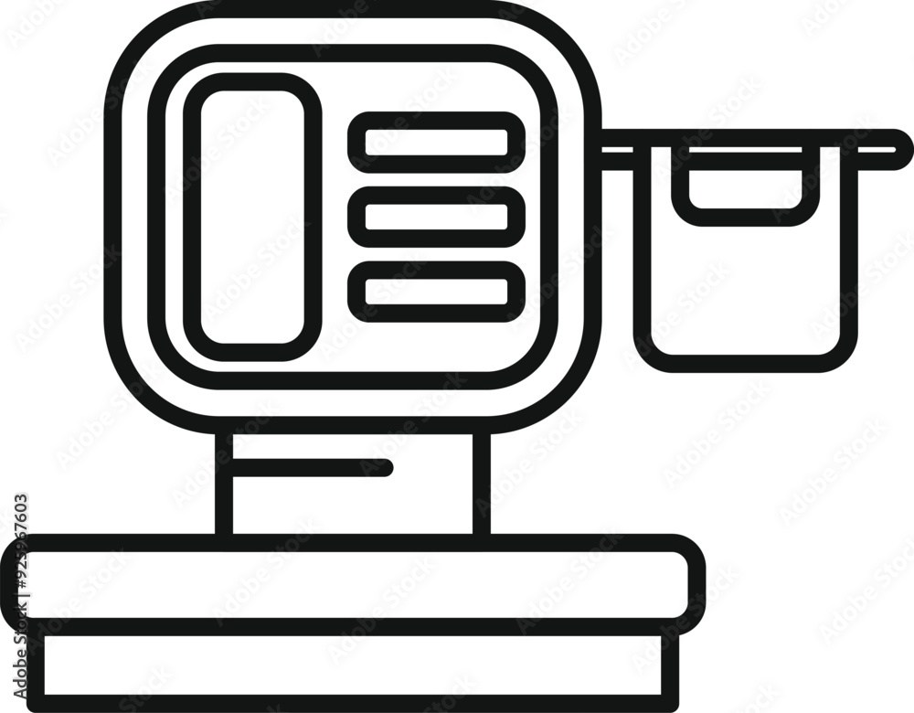 Poster outline icon of a digital price computing scale weighing food in a grocery store