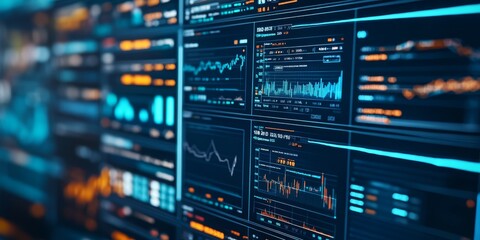 Close-up of a high-tech financial dashboard on a computer screen, featuring real-time data and analytics for advanced business technology