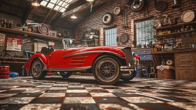 Vintage Car in Restored Garage with Classic Tools and Equipment for Antique Enthusiasts and Historians