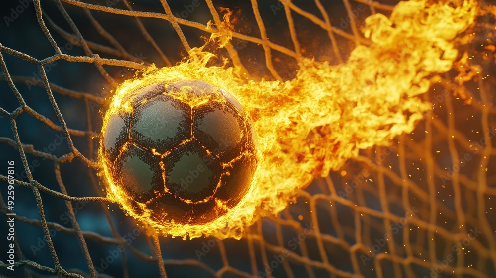 Poster flaming soccer ball in net.