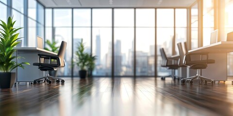 Beautiful defocused office background - office interior panoramic background. generative ai