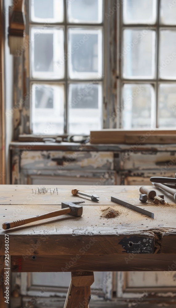 Poster minimalist workbench with tools and nails for a diy project
