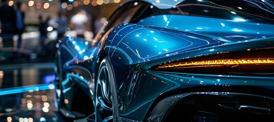 Fototapeta premium Futuristic Concept Car with Metallic Blue Finish at Auto Show for Modern Design and Innovation Lovers