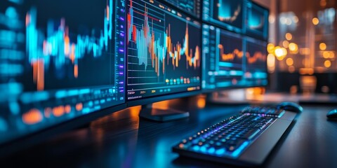 Macro shot of a desktop computer setup with multiple screens, showcasing a high-tech workspace for efficient data analysis