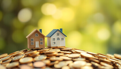 Two Miniature Houses Sitting on a Pile of Gold Coins. Prosperous Living of investment