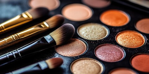 Close-up of an elegant makeup palette with a range of colors and brushes, highlighting the essentials for creating stunning beauty looks