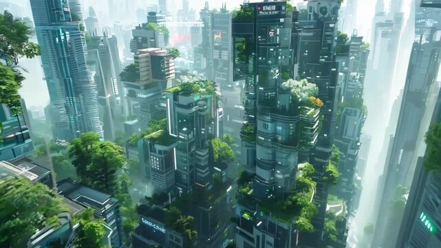 Futuristic cityscape with high-rise buildings covered in lush greenery, showcasing a vision of a sustainable urban future.