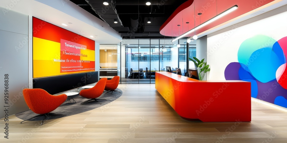 Poster Detailed image of a corporate office with consistent brand colors and elements, capturing the integration of branding in business environments