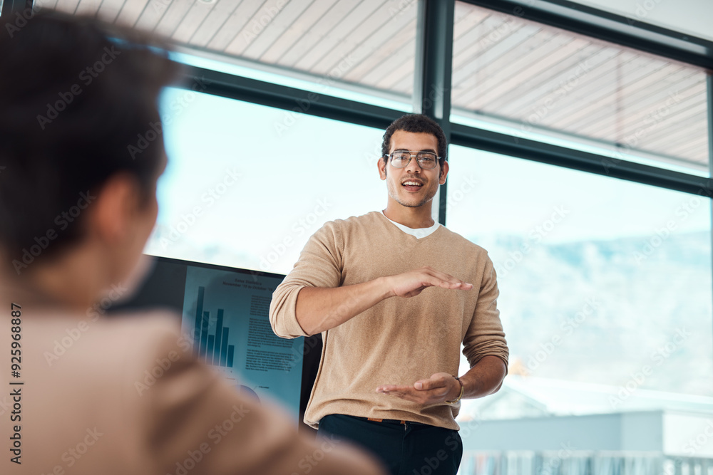 Leinwandbilder coaching, business man and presentation with stats for training, creative data or analysis. group, s