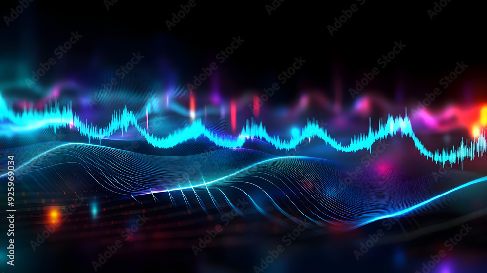 Poster audio soundwave scope signal as an abstract background depicting a sampled music sound wave frequenc