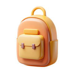 3D cartoon style backpack in yellow and orange tones, featuring a front pocket and rounded handle. Ideal for creative projects. Isolated on transparent background, png.