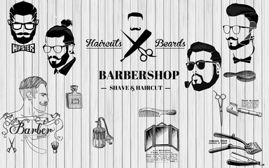 barber shop tools with silhouette and text on wooden background , barbershop wallpaper for interior decoration.
