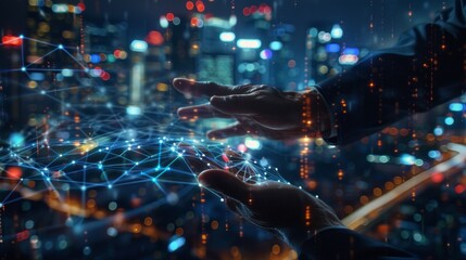 Outstretched hands interact with luminous connections against a backdrop of a bustling urban skyline illuminated at night