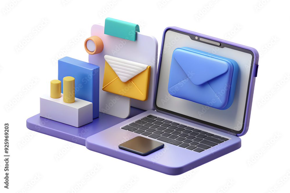Poster modern workspace with holographic email app on mobile phone and laptop. focus on communication and o