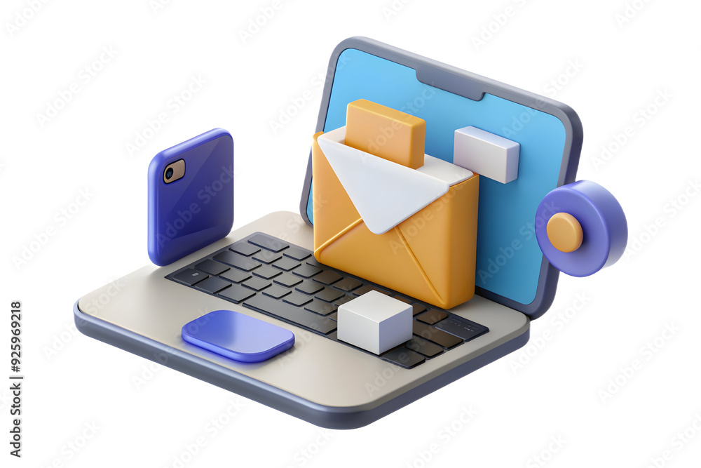 Poster modern workspace with holographic email app on mobile and laptop screens. focus on communication and