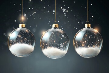 Realistic glass christmas ornaments with snow in 3d vector set for xmas tree decoration