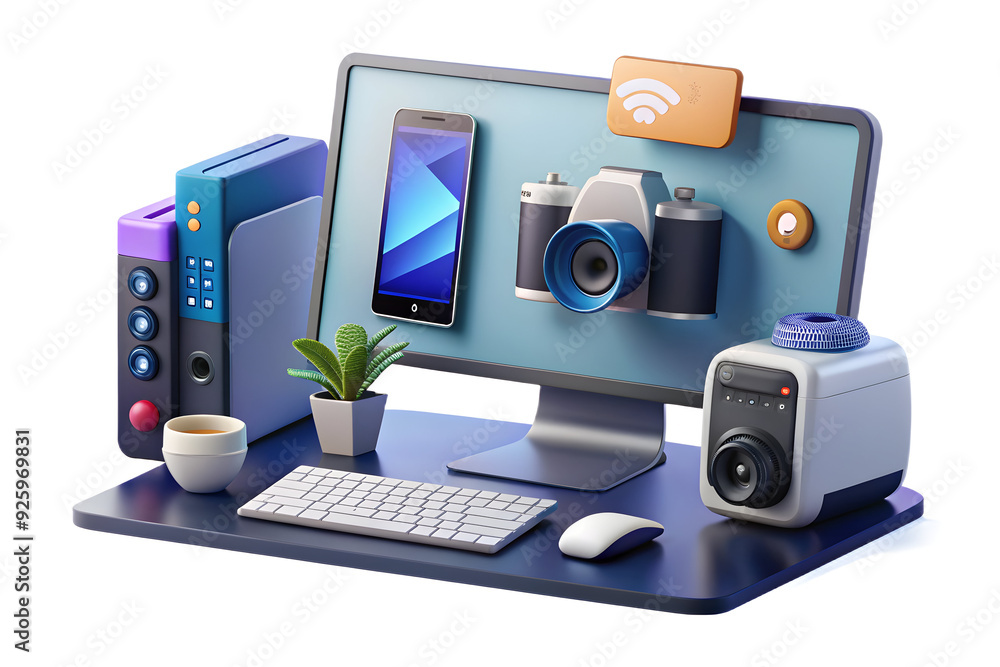 Poster remote work setup with monitor and notebook in modern layout. camera pans across setup with focus on