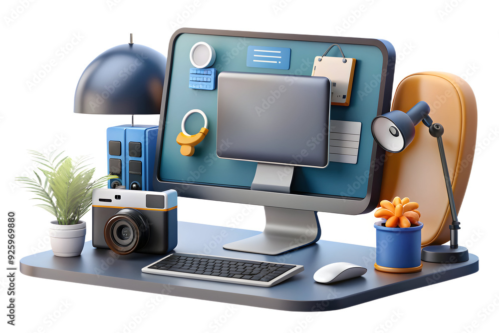 Poster remote work setup with monitor and notebook, camera pan across modern scene with copy space, emphasi