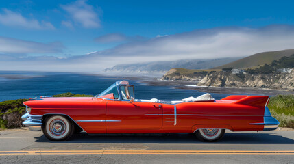 Vintage Red Convertible Car on Scenic Coastal Road with Ocean Background - Perfect for Posters and Prints