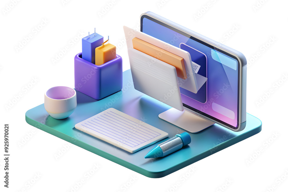 Poster holographic document editor on tablet and desktop in modern workspace setting