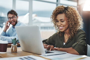 Woman, laptop and smile for small business, proposal research and creative startup for online web...