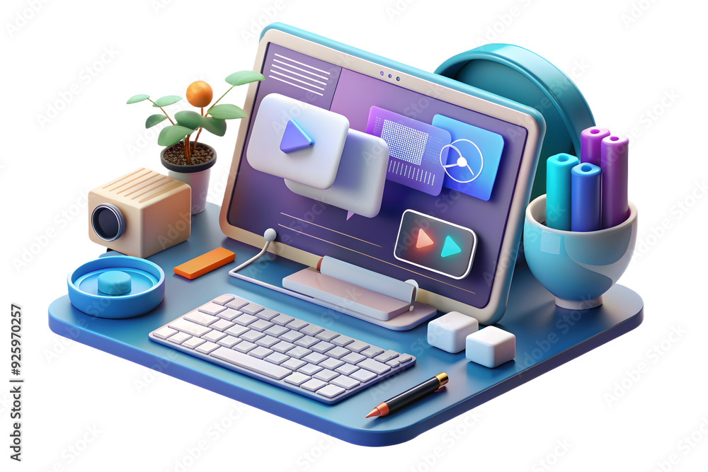 Poster tablet and keyboard with holographic content creation app in a flexible workspace, on white backgrou