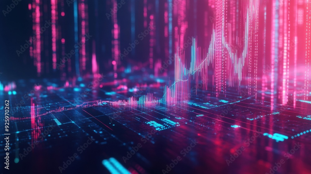 Poster futuristic market trend analysis with flowing data lines - 3d illustration of graphs and statistics