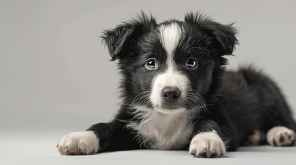 A black and white dog resting on a bed, suitable for pet-related designs