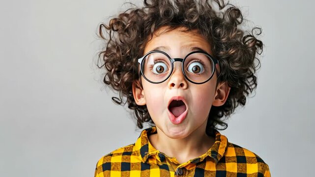 A young boy with curly hair and glasses reacts with wide-eyed surprise, wearing a yellow plaid shirt against a neutral background.