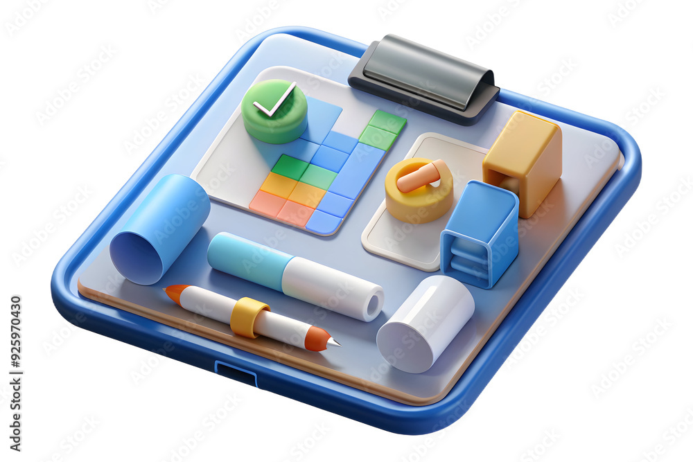 Poster tablet displaying holographic project planner in clean workspace. perfect for project management too