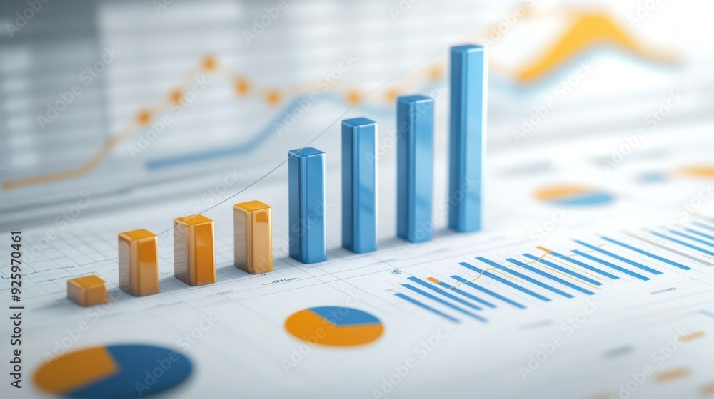 Aufkleber analyzing financial performance with dynamic 3d line charts and highlighted data points.