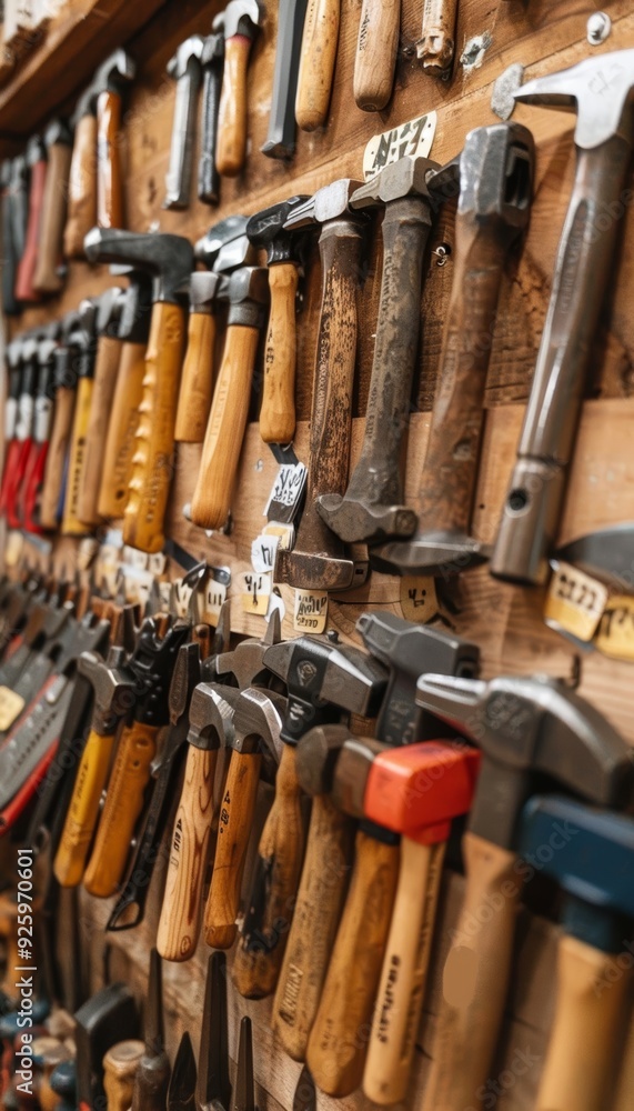 Poster variety of hammers displayed in a hardware store for easy selection and purchase