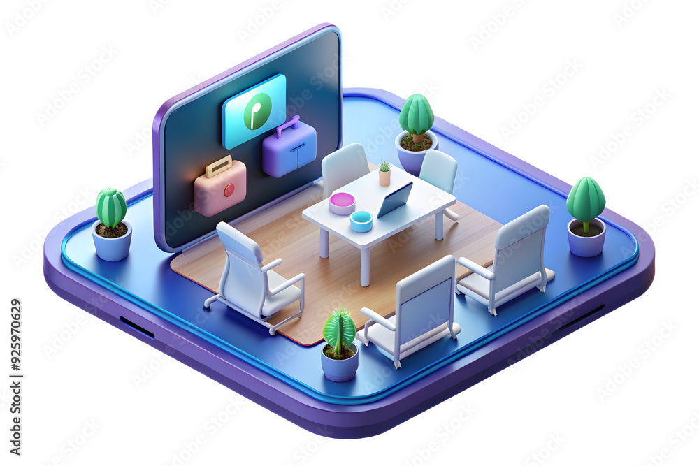 Poster tablet featuring holographic virtual meeting app and flexible workspace concept on clean background.