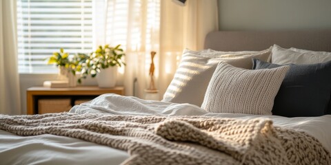 Detailed image of a bedroom with a neatly made bed and personal touches, capturing the tranquility and comfort of home life