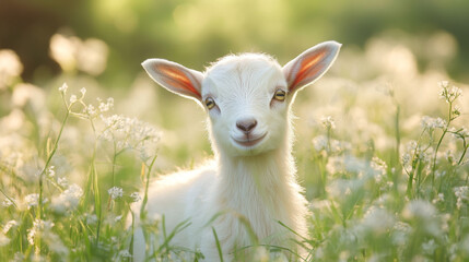 A cute baby goat is enjoying the warm summer on a farm. --ar 16:9 --v 6.1 Job ID: 3c5dba95-ef8a-45bc-adf0-fe051e540d75