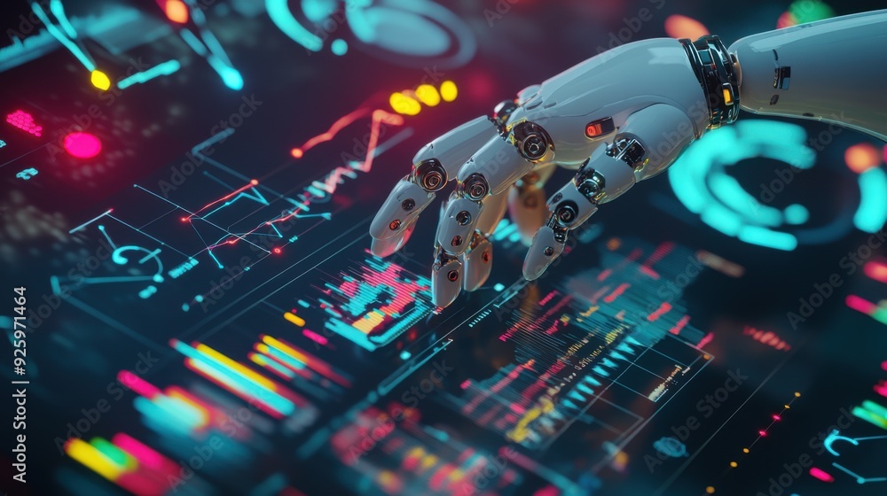 Poster futuristic ai data analysis concept with robotic hands interacting with charts - 3d illustration