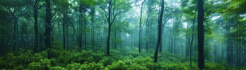 Obraz premium Serene misty forest with vibrant green foliage and tall trees. Perfect for nature, tranquility, and outdoor themes. Peaceful and calming scenery.