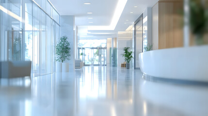 Fototapeta premium Blurred hotel or office building lobby blur background interior view toward reception hall modern luxury white room space with blurry corridor and building glass wall window&nbsp;