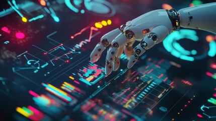 Fototapeta premium Futuristic AI Data Analysis Concept with Robotic Hands Interacting with Charts - 3D Illustration