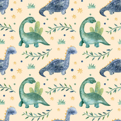 Hand drawn seamless pattern with dinosaurs and exotic plants. Colorful Dino design. Ideal for children's fabric, textile, children's wallpaper. Cute dinosaur design. Watercolor illustration.