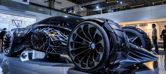Fototapeta premium Innovative Futuristic Concept Car with Cutting Edge Tire Design at Auto Show for Technology Enthusiasts