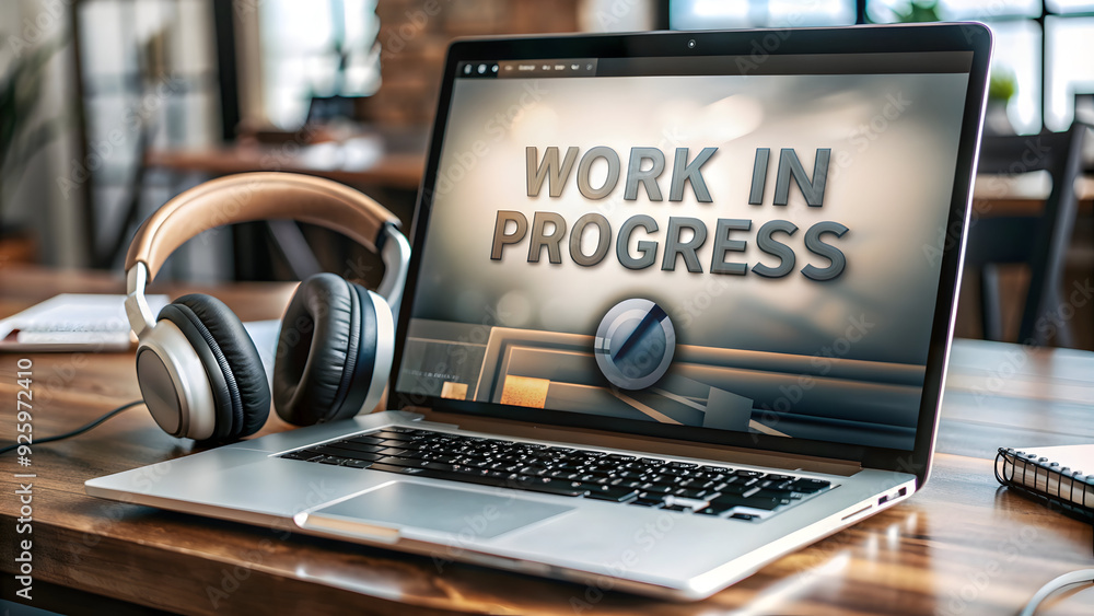 Poster 3d laptop and headphones with 'work in progress' text in modern layout. emphasize dynamic remote wor