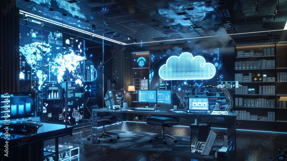 Poster futuristic workspace with holographic cloud storage visualization and advanced technology infrastruc
