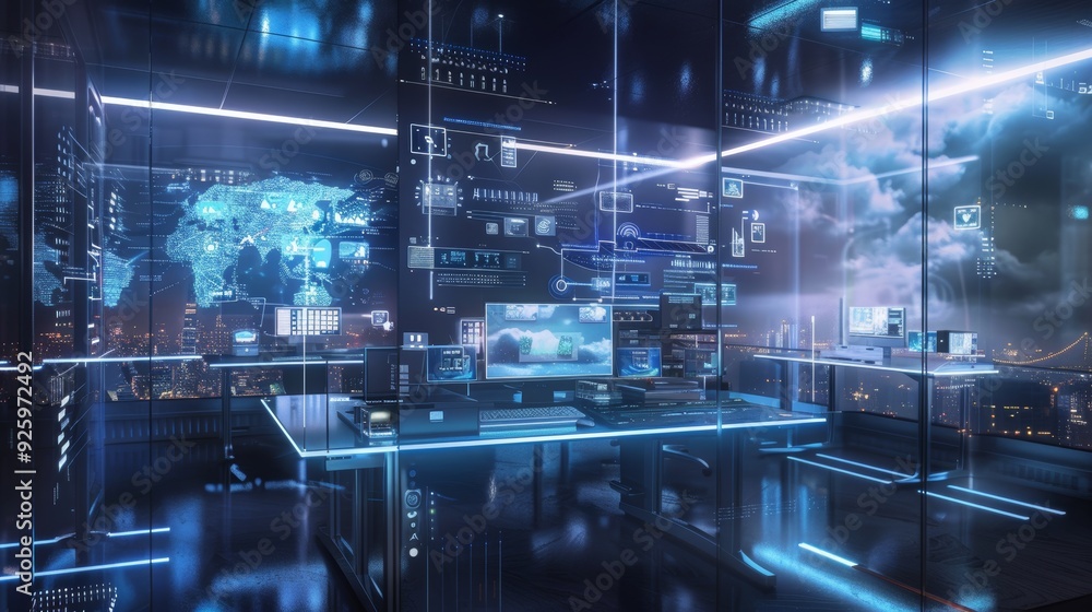 Poster futuristic workspace with advanced cloud storage and holographic interfaces for efficient data manag
