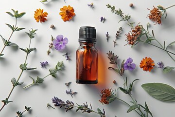 A bottle of serum featuring a collection of herbs, set against a white background to highlight its natural components